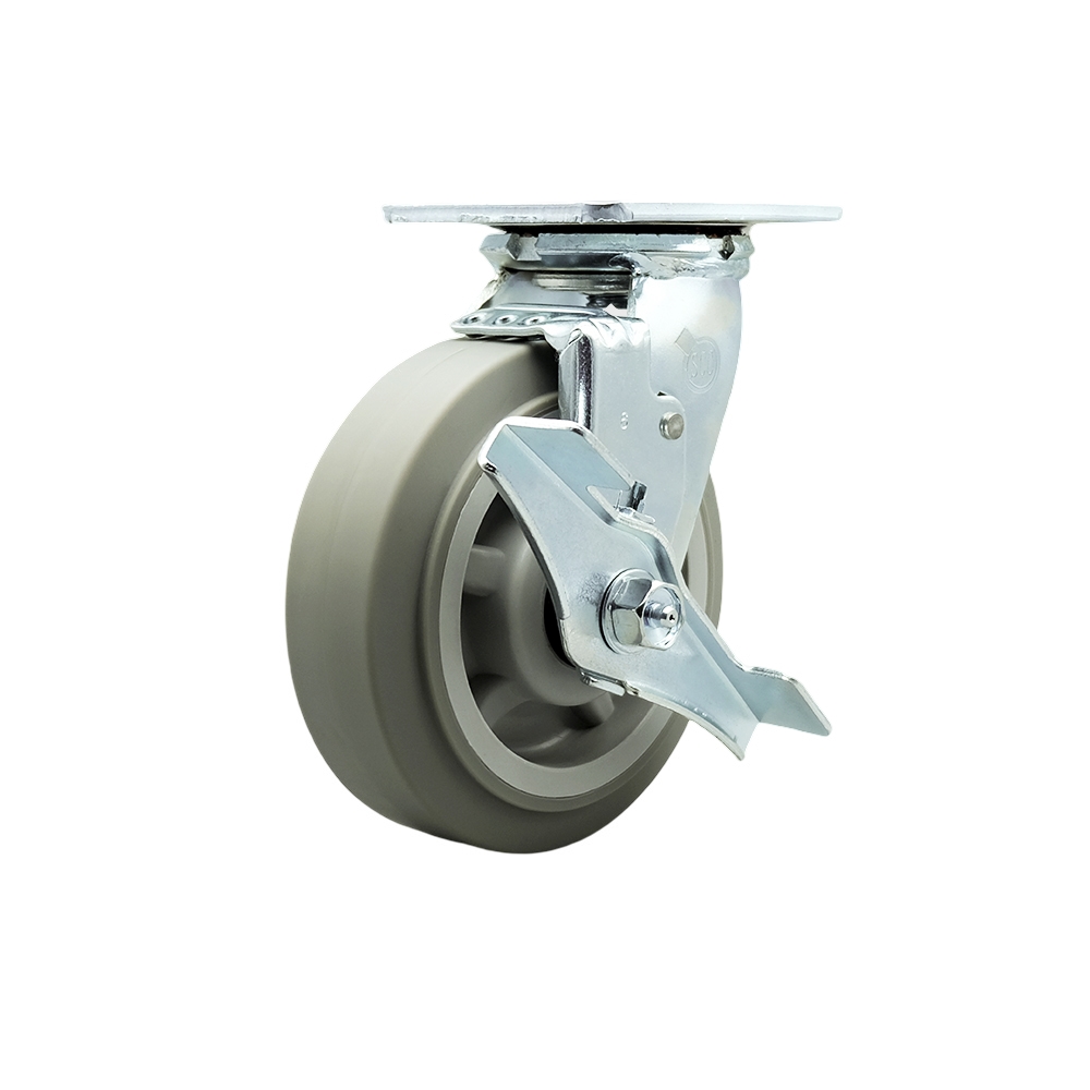 Stainless Steel Thermoplastic Rubber Flat Tread Swivel Top Plate Heavy Duty Caster with 6 in. Wheel & Top Lock Brake - 500 lbs Capacity per Caster