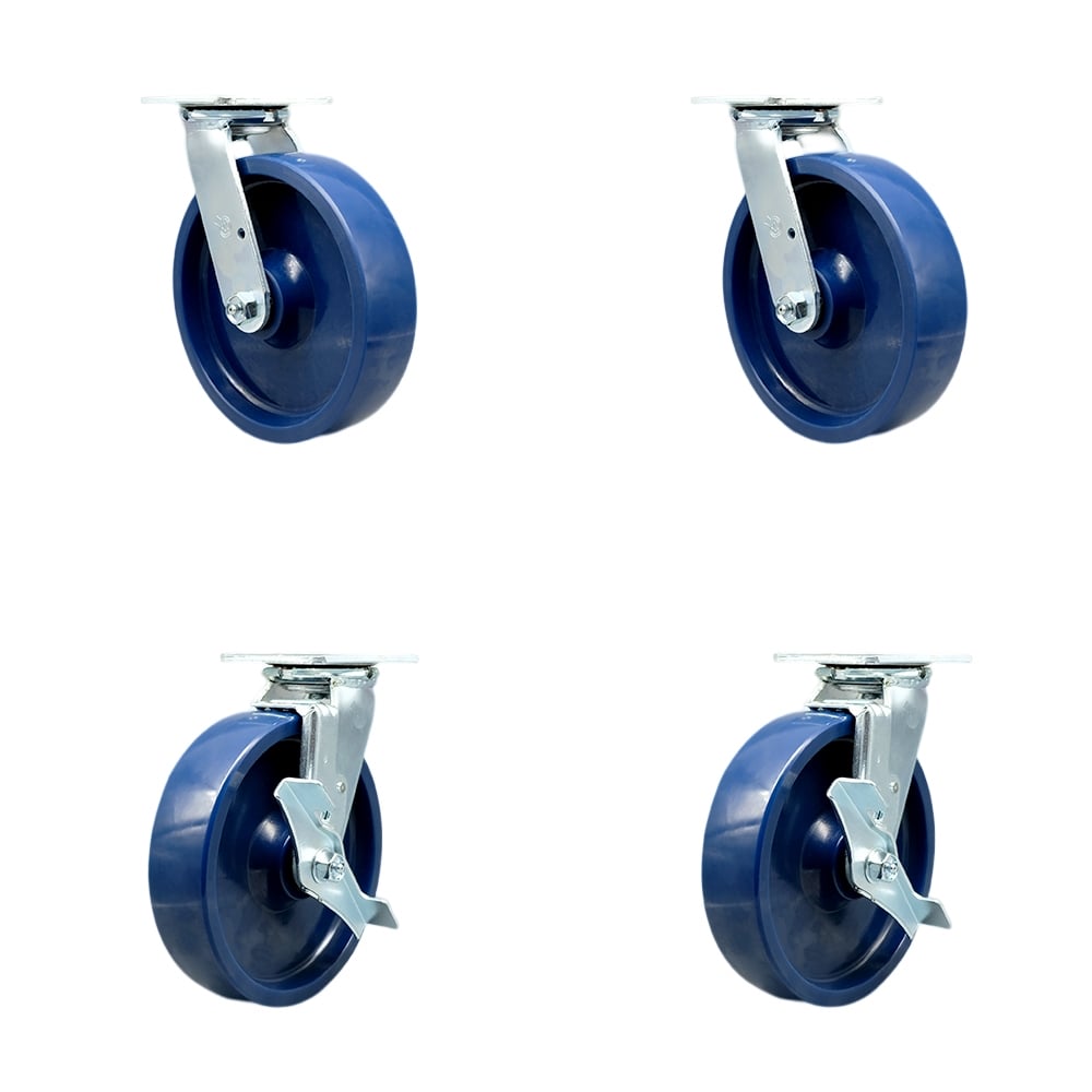 SCC-SS30S820-SPUR-BSL-2-TLB-2 Stainless Steel Solid Polyurethane Swivel Top Plate Casters, Heavy Duty with 8 in. Wheels - Set of 4