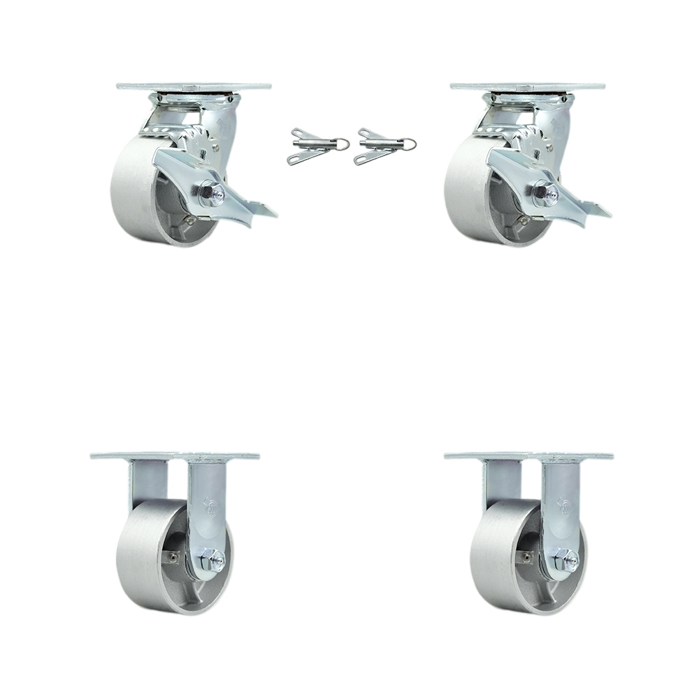 SCC-30CS420-SSR-TLB-BSL-2-R-2 Semi Steel Cast Iron Swivel Top Plate Casters, Heavy Duty with 4 in. Wheels - 4000 lbs Total Capacity - Set of 4