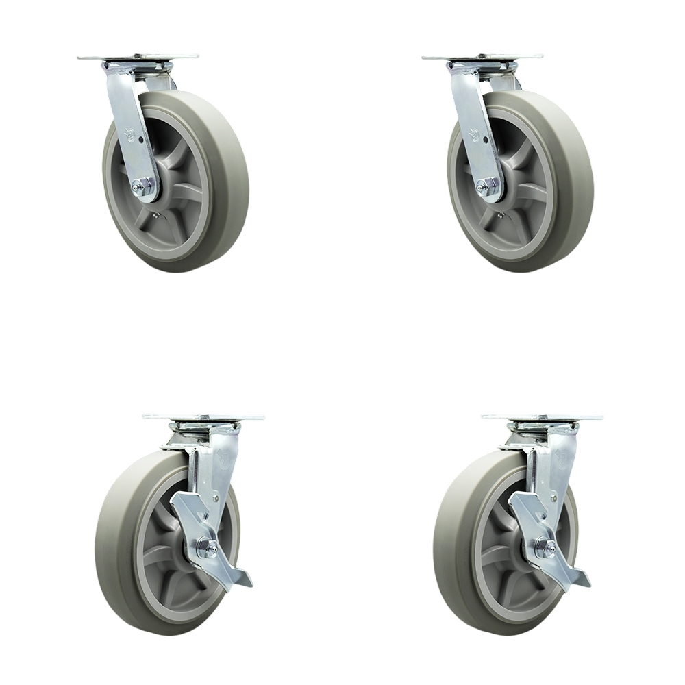 Thermoplastic Rubber Flat Tread Swivel Top Plate Casters, Heavy Duty with 8 in. Wheel - 2400 lbs Total Capacity - Set of 4