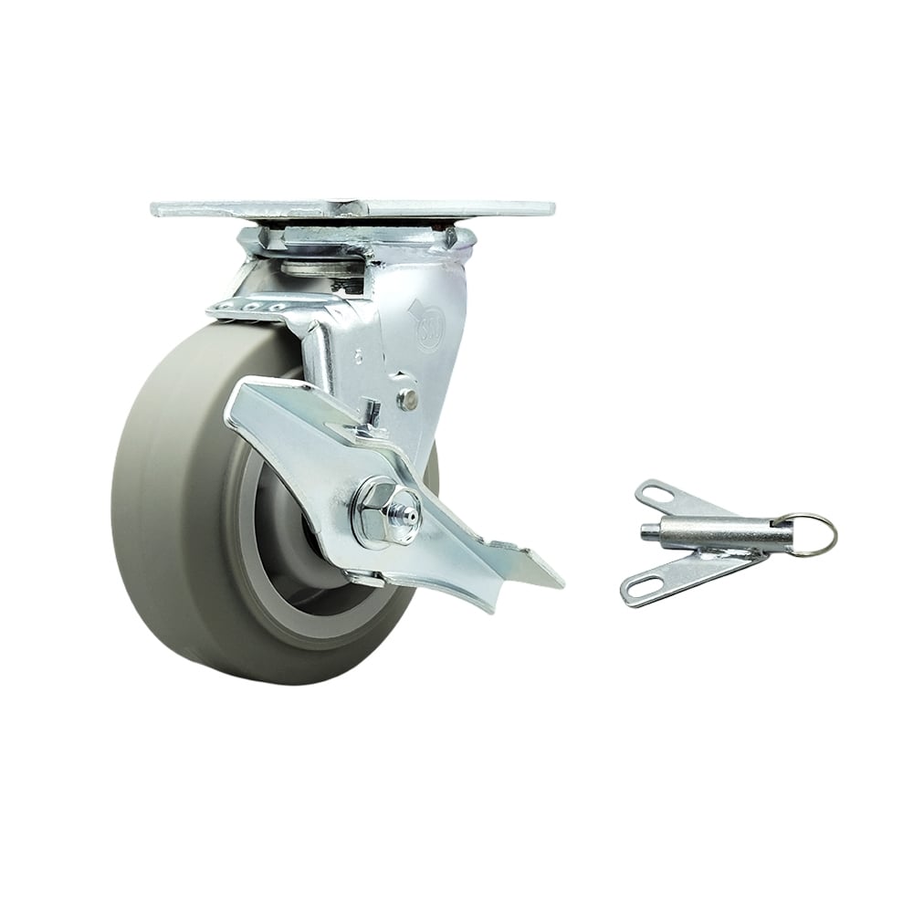 Stainless Steel Thermoplastic Rubber Flat Tread Swivel Top Plate Heavy Duty Caster with 5 in. Wheel & Top Lock Brake & Bolt on Swivel Lock