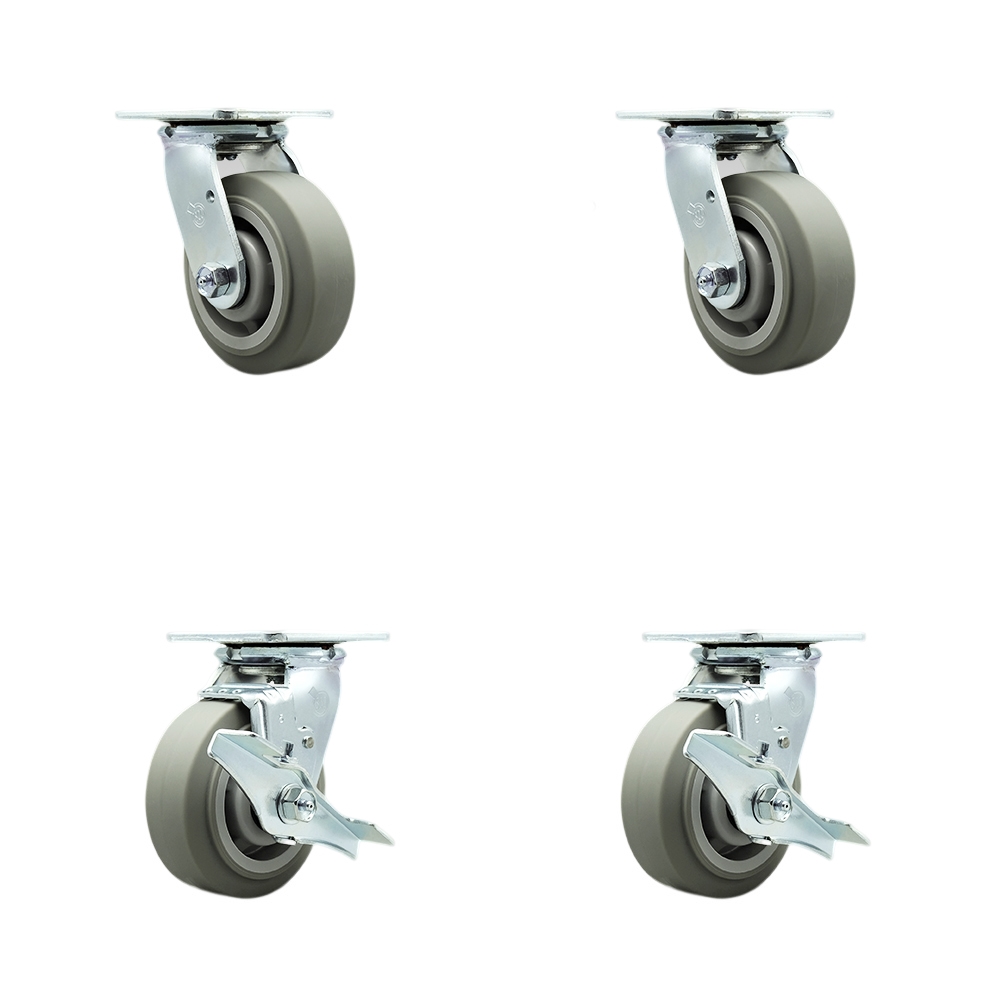 SCC-SS30S520-TPRRF-BSL-2-TLB-2 Stainless Steel Thermoplastic Rubber Flat Tread Swivel Top Plate Casters, Heavy Duty with 5 in. Wheels - Set of 4