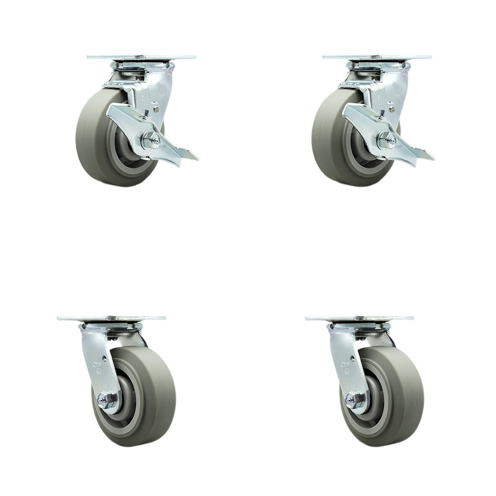 SCC-SS30S520-TPRRF-TLB-BSL-2-BSL-2 Stainless Steel Thermoplastic Rubber Flat Tread Swivel Top Plate Caster Set Heavy Duty with 5 in. Wheel