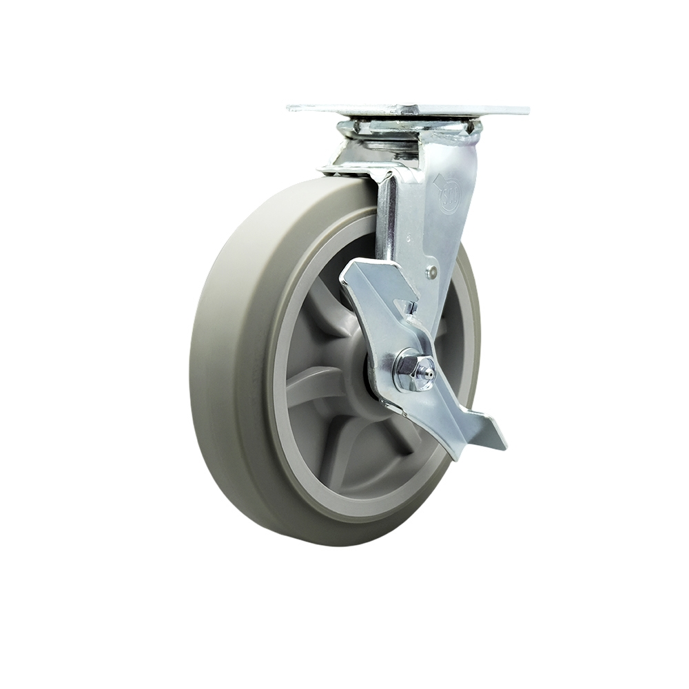 Stainless Steel Thermoplastic Rubber Flat Tread Swivel Top Plate Heavy Duty Caster with 8 in. Wheel & Top Lock Brake - 600 lbs Capacity per Caster