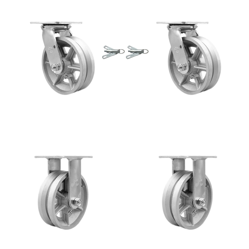 V Groove Semi Steel Cast Iron Swivel Top Plate Casters, Heavy Duty with 6 in. Wheels - 4800 lbs Total Capacity - Set of 4