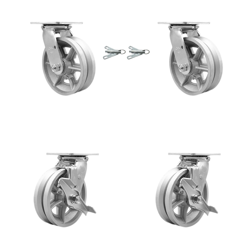 SCC-30CS620-VGR-BSL-2-TLB-2 V Groove Semi Steel Cast Iron Swivel Top Plate Casters, Heavy Duty with 6 in. Wheels - Set of 4