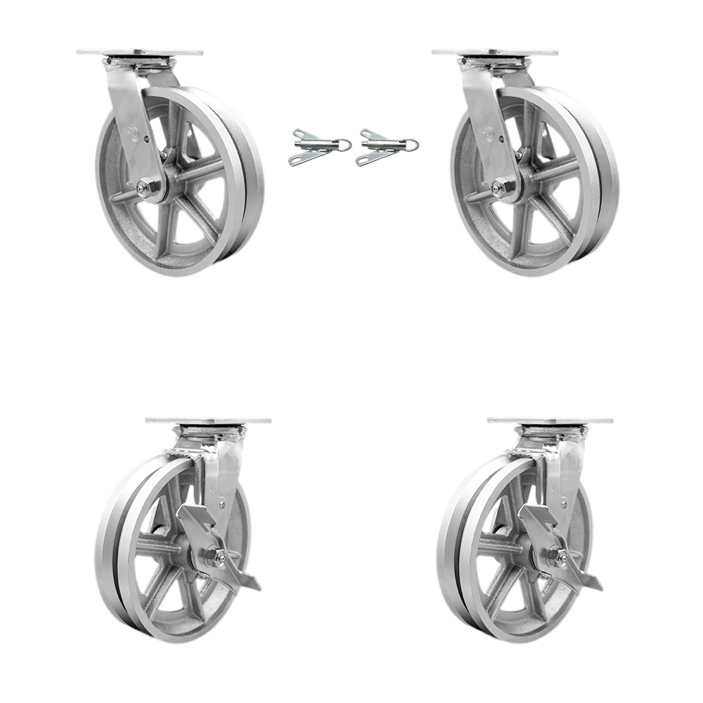SCC-30CS820-VGR-BSL-2-TLB-2 V Groove Semi Steel Cast Iron Swivel Top Plate Casters, Heavy Duty with 8 in. Wheels - Set of 4
