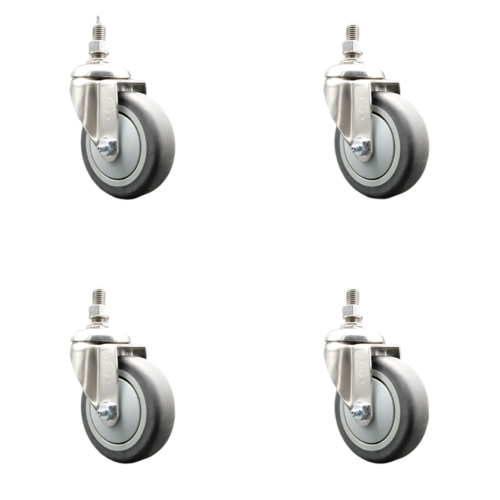 Thermoplastic Rubber Swivel Stem Caster with 4 in. Caster Wheels - 0.50 in. Threaded Stems - 316 Stainless Steel Casters - Set of 4