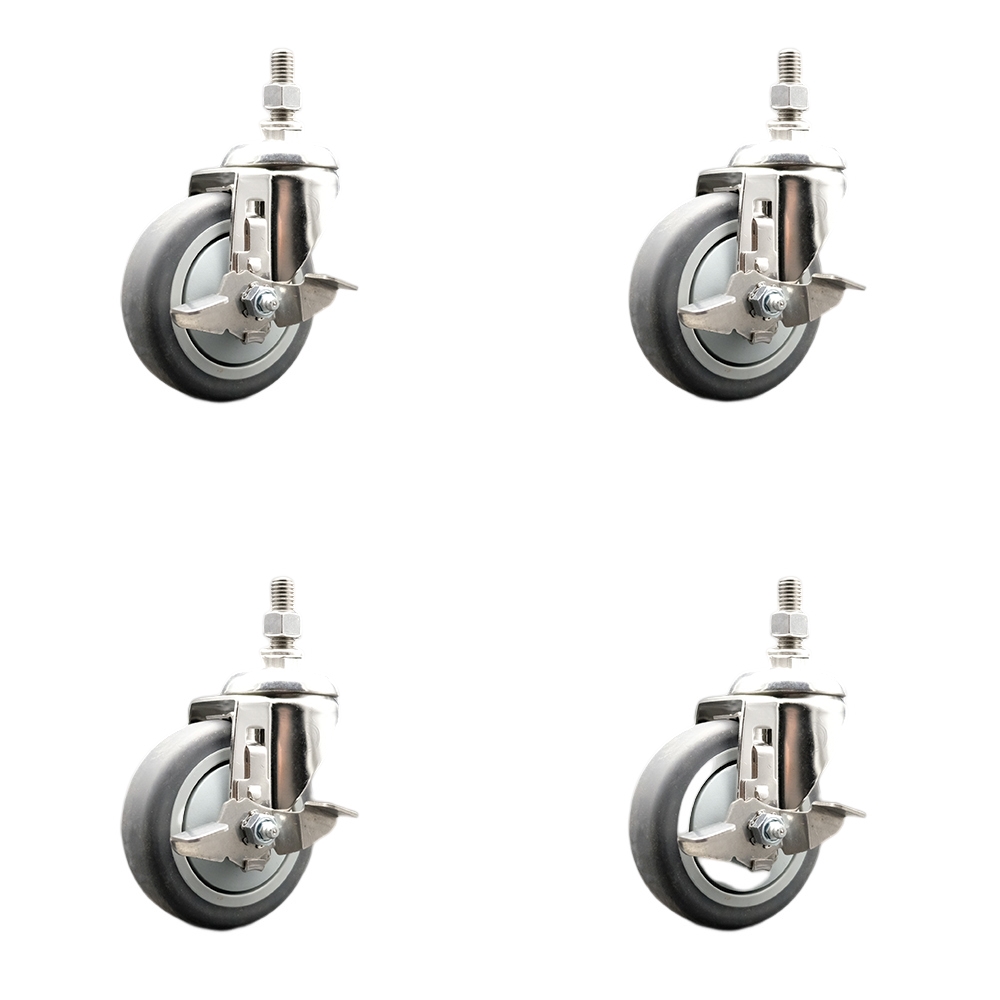 Thermoplastic Rubber Swivel Stem Caster with 4 in. Caster Wheels - 0.50 in. Threaded Stems - 316 Stainless Steel Casters - Set of 4