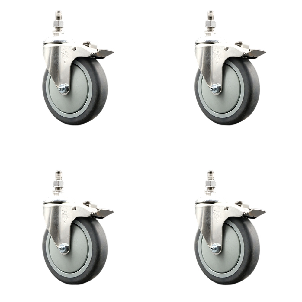 Thermoplastic Rubber Swivel Stem Caster with 5 in. Caster Wheels - 0.50 in. Threaded Stems - 316 Stainless Steel Casters - Set of 4
