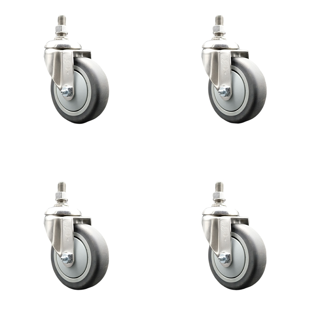 Thermoplastic Rubber Swivel Stem Caster with 4 in. Caster Wheels - 0.37 in. Threaded Stems - 316 Stainless Steel Casters - Set of 4