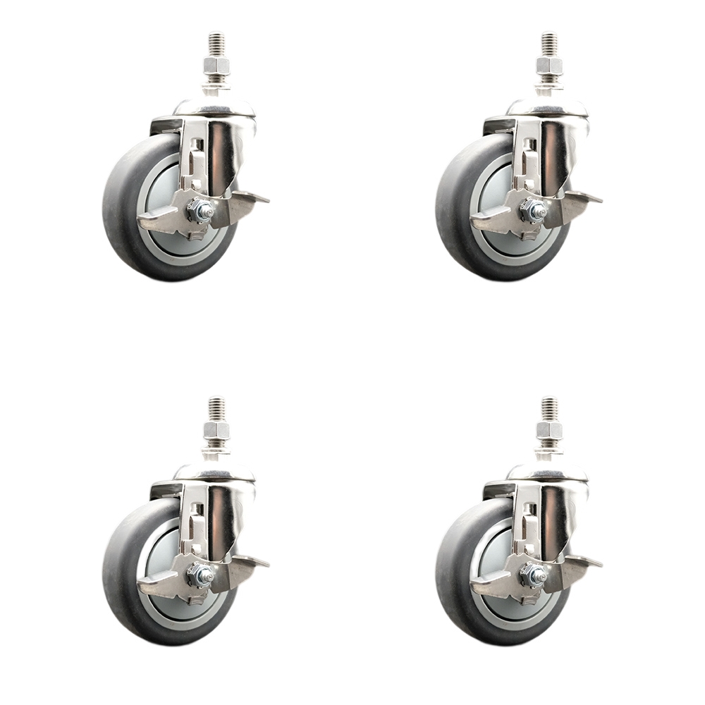 Thermoplastic Rubber Swivel Stem Caster with 4 in. Caster Wheels - 0.37 in. Threaded Stems - 316 Stainless Steel Casters - Set of 4