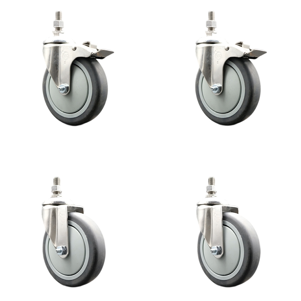 Thermoplastic Rubber Swivel Stem Caster with 5 in. Caster Wheels - 0.37 in. Threaded Stem - 316 Stainless Steel Caster - Set of 4