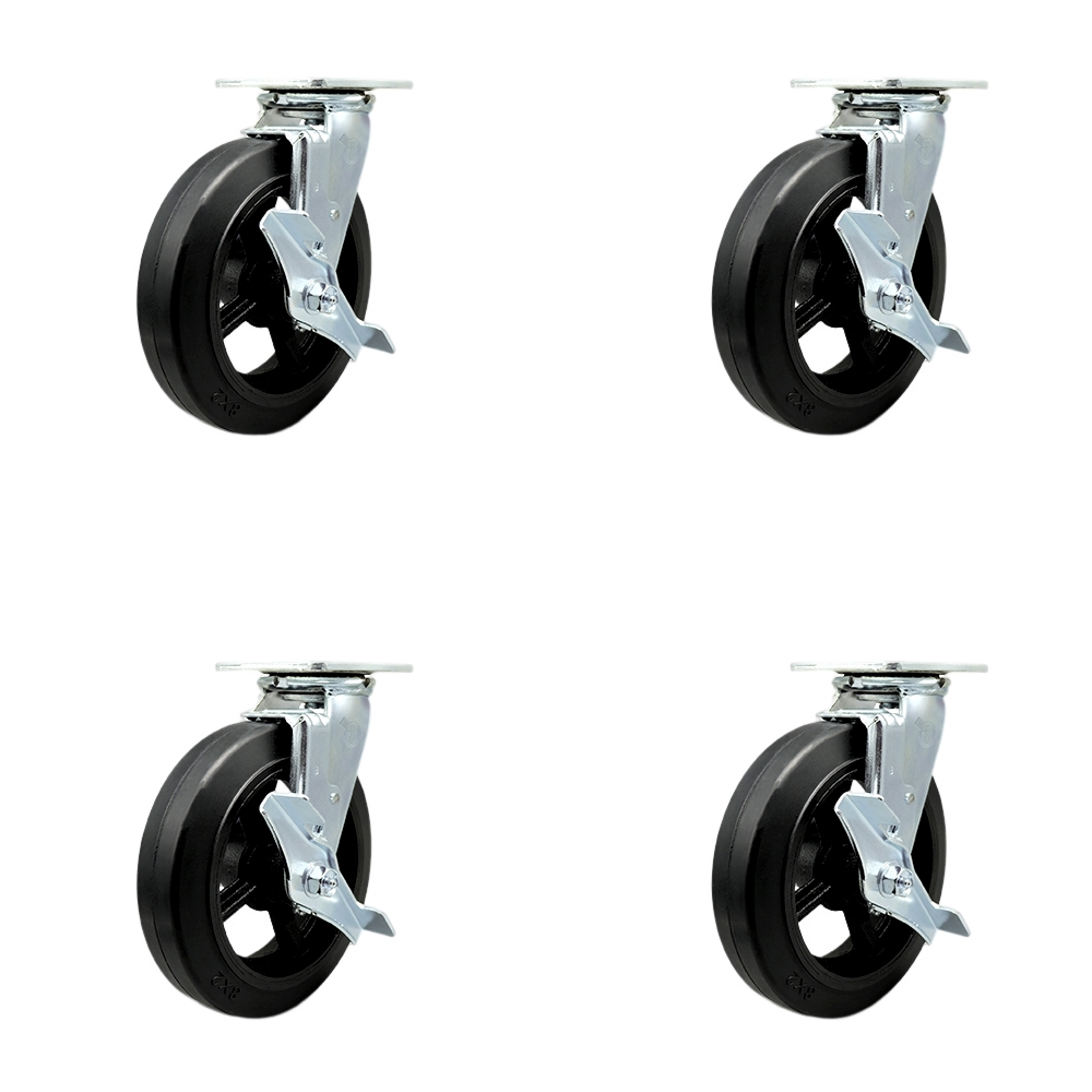 SCC-30CS820-RSR-TLB-4 Rubber on Metal Swivel Top Plate Casters, Heavy Duty with 8 in. Wheels - 2000 lbs Total Capacity - Set of 4