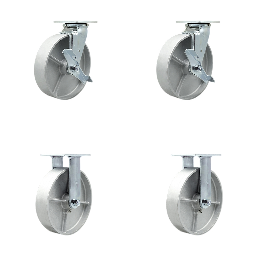 SCC-30CS820-SSR-TLB-2-R820-2 Semi Steel Cast Iron Swivel Top Plate Casters, Heavy Duty with 8 in. Wheels - 5000 lbs Total Capacity - Set of 4