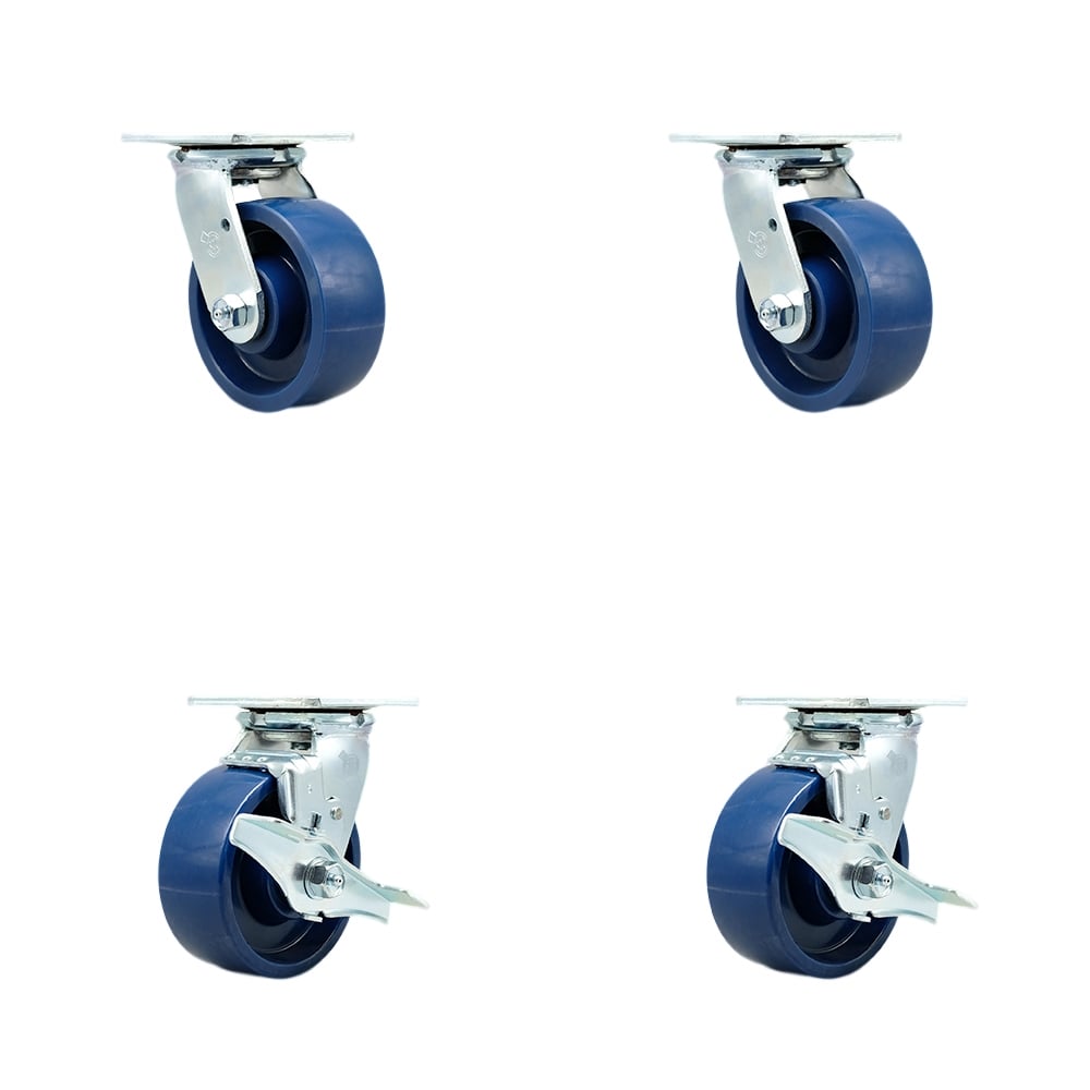 SCC-30CS520-SPUR-2-TLB-2 Solid Polyurethane Swivel Top Plate Casters, Heavy Duty with 5 in. Wheels - 4000 lbs Total Capacity - Set of 4