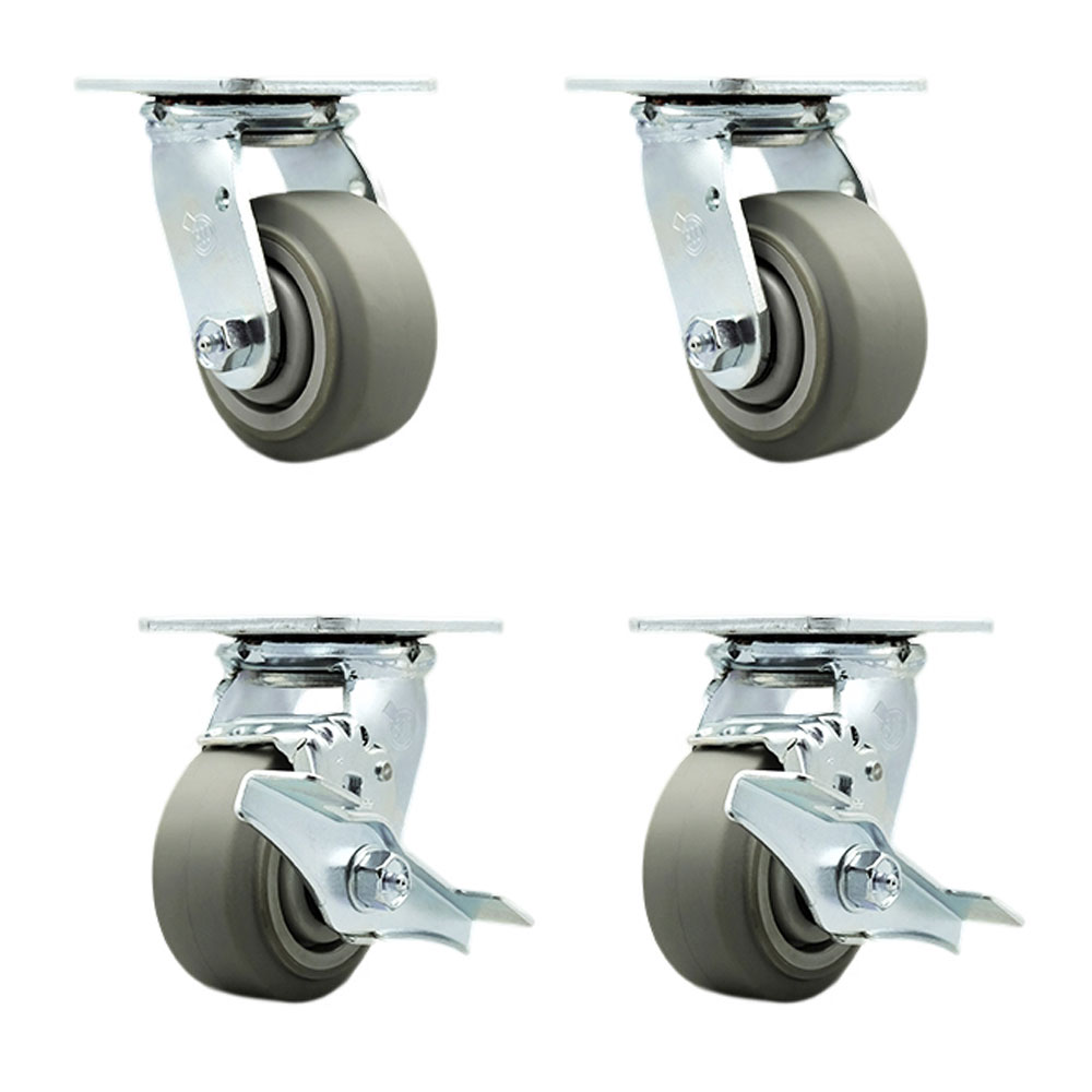 Thermoplastic Rubber Flat Tread Swivel Top Plate Casters, Heavy Duty with 4 in. Wheels - 1200 lbs Total Capacity - Set of 4
