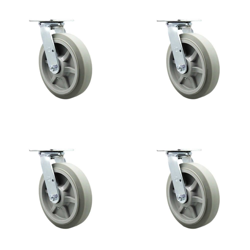 SCC-30CS820-TPRRF-4 Thermoplastic Rubber Flat Tread Swivel Top Plate Casters, Heavy Duty with 8 in. Wheels - 2400 lbs Total Capacity - Set of 4