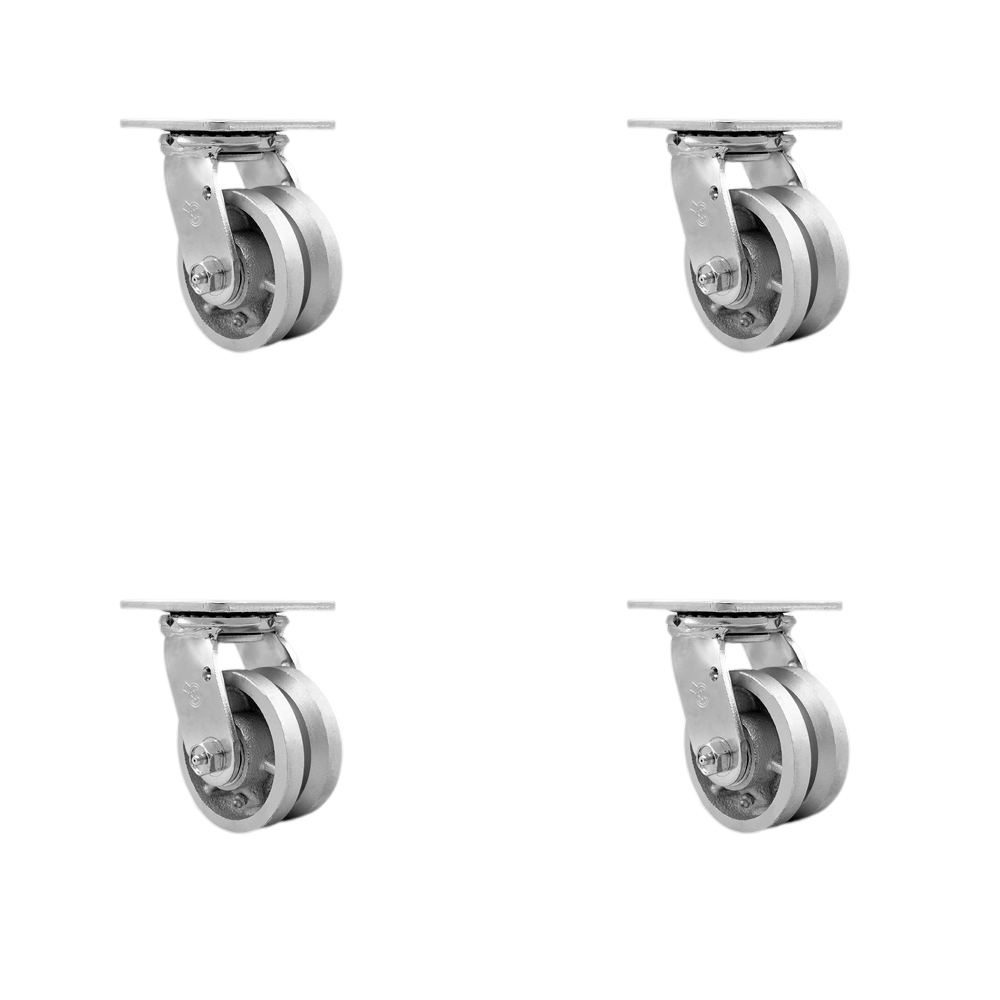 SCC-30CS420-VGR-4 V Groove Semi Steel Cast Iron Swivel Top Plate Casters, Heavy Duty with 4 in. Wheels - 3200 lbs Total Capacity - Set of 4