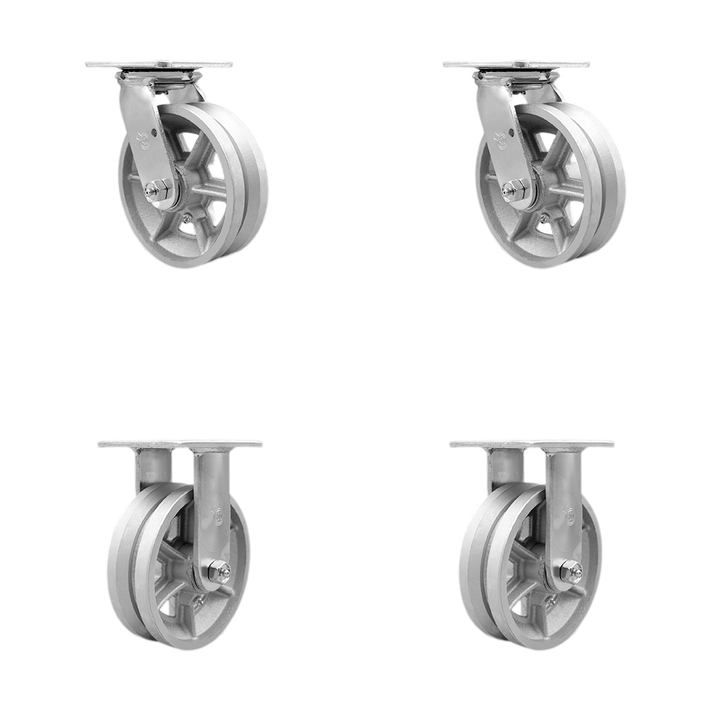 V Groove Semi Steel Cast Iron Swivel Top Plate Casters, Heavy Duty with 6 in. Wheels - 4800 lbs Total Capacity - Set of 4