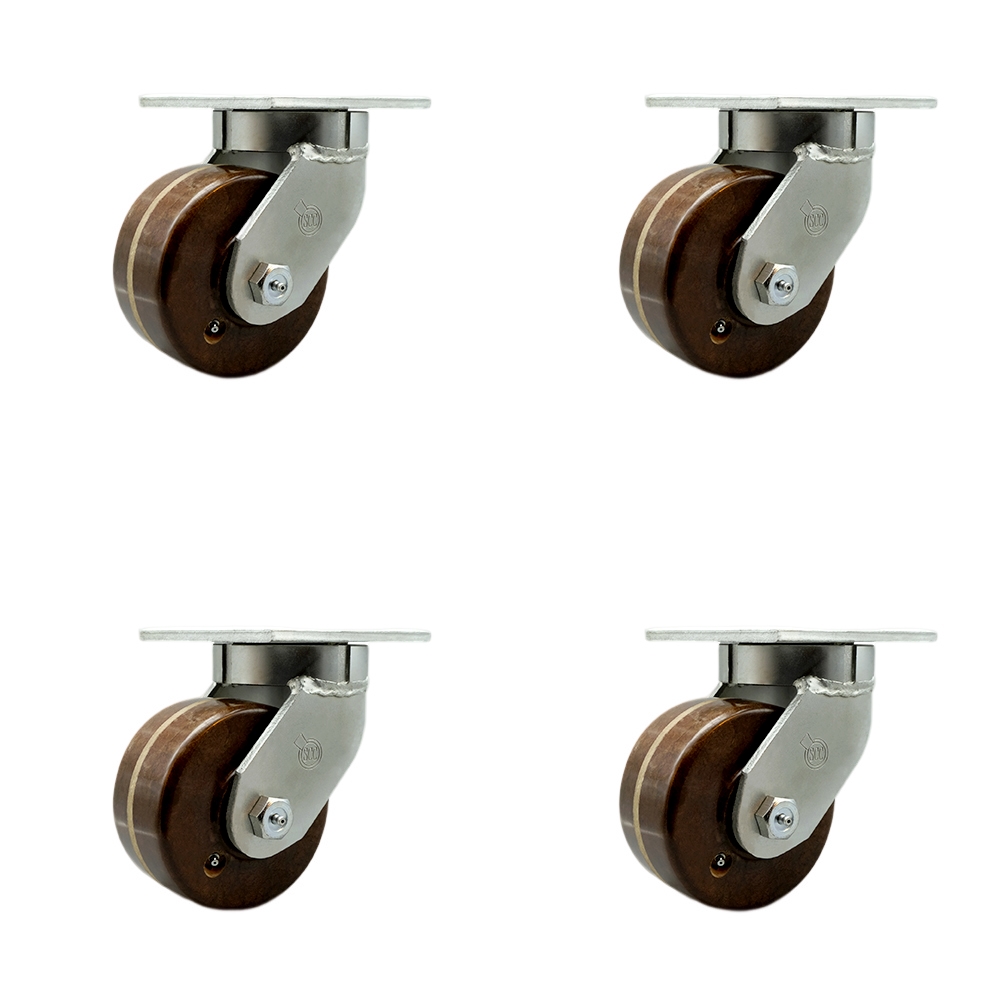 6 in. Swivel Top Plate Caster Set Extra Heavy Duty Casters with High Temperature Phenolic Wheels - 8000 lbs Total Capacity - Set of 4