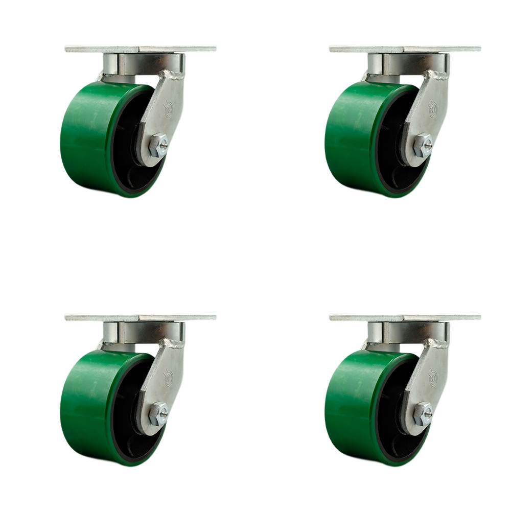 6 in. Swivel Top Plate Caster Set Extra Heavy Duty Casters with Green Polyurethane on Cast Iron Wheels - 8000 lbs Total Capacity - Set of 4