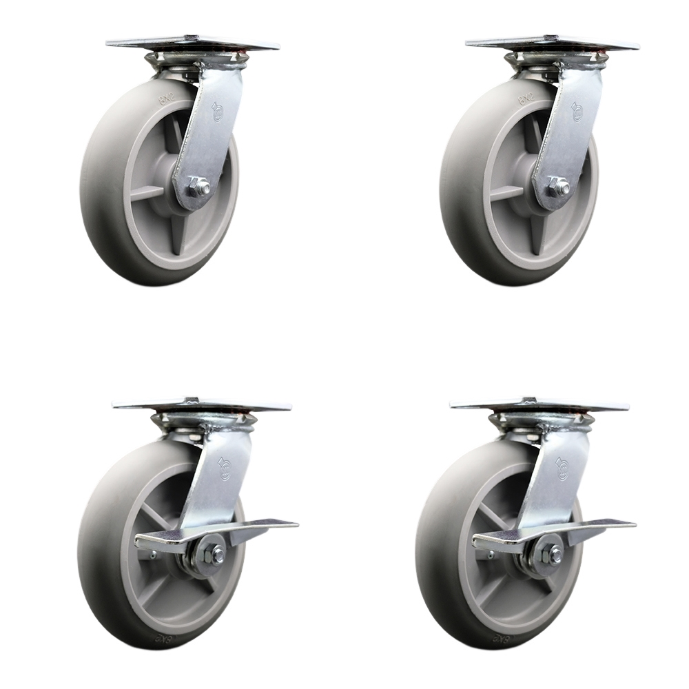 Heavy Duty Large Top Plate Thermo Rubber Donut Tread Swivel Caster with Maintenance Free Bearings with 8 x 2 in. Gray Wheels - Set of 4