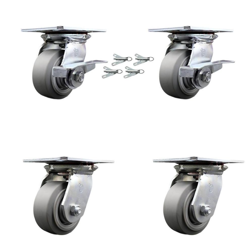 Heavy Duty Large Top Plate Thermo Rubber Flat Tread Swivel Caster with Maintenance Free Bearings with 4 x 2 in. Gray Wheel - Set of 4
