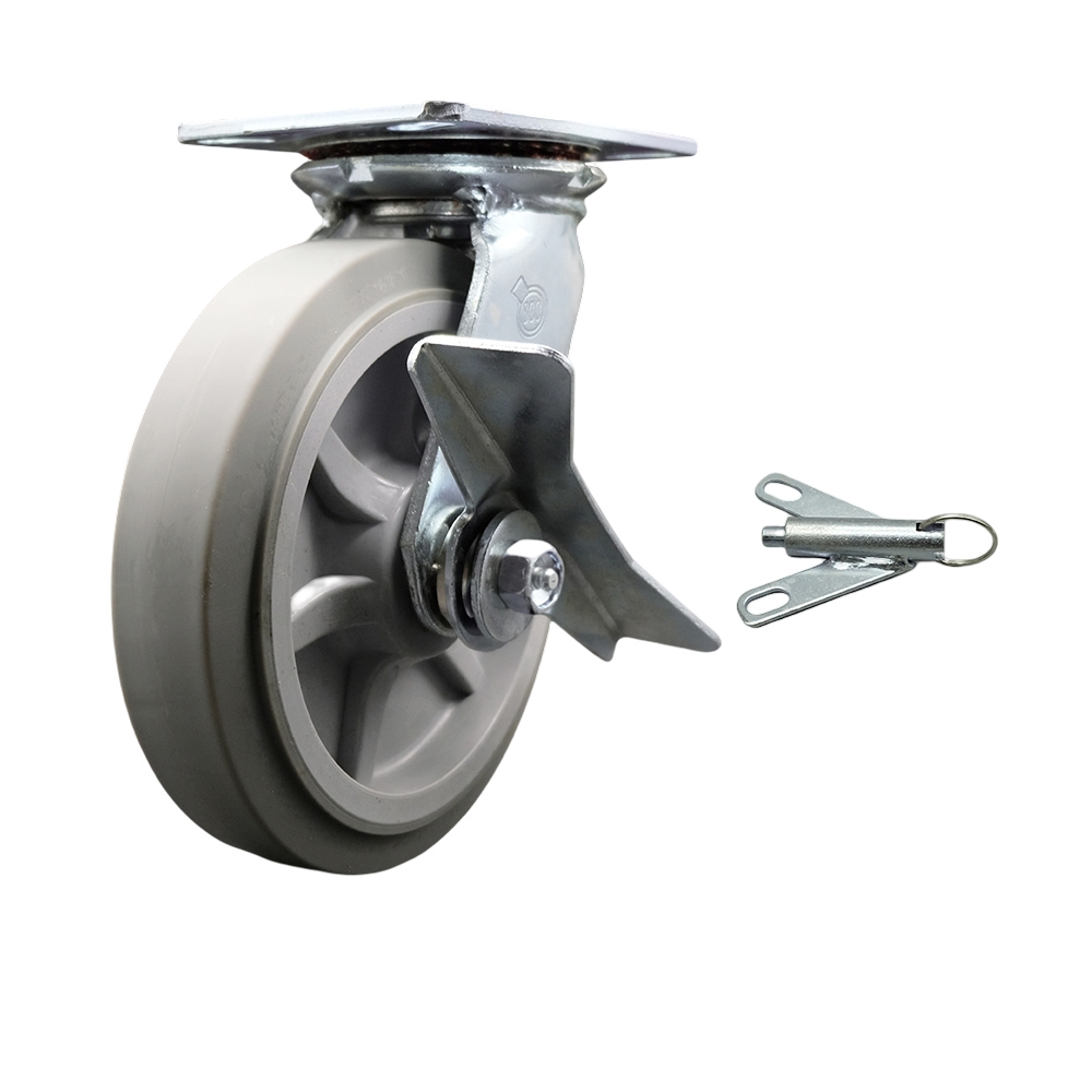 Heavy Duty Large Top Plate Thermo Rubber Flat Tread Swivel Caster with Maintenance Free Bearings & 8 x 2 in. Gray Wheel - 600 lbs Capacity