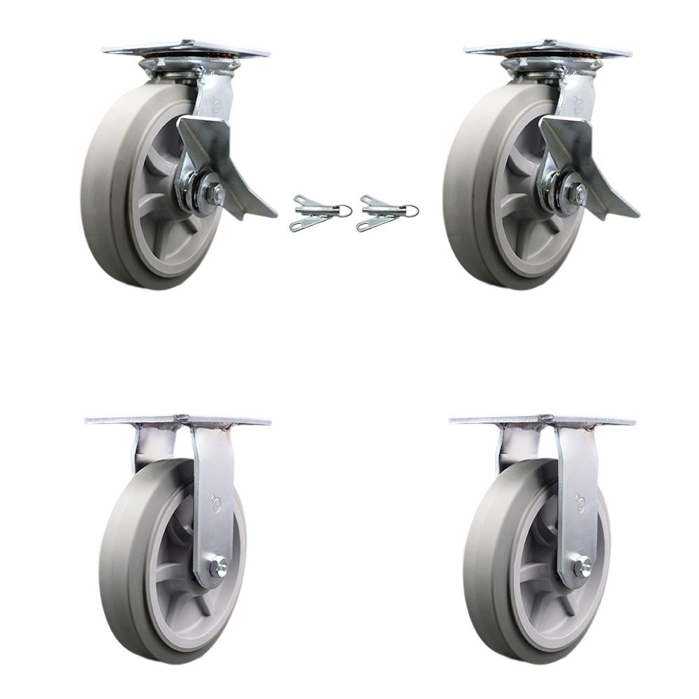 Heavy Duty Large Top Plate Thermo Rubber Flat Tread Swivel Caster with Maintenance Free Bearings with 8 x 2 in. Gray Wheels - Set of 4