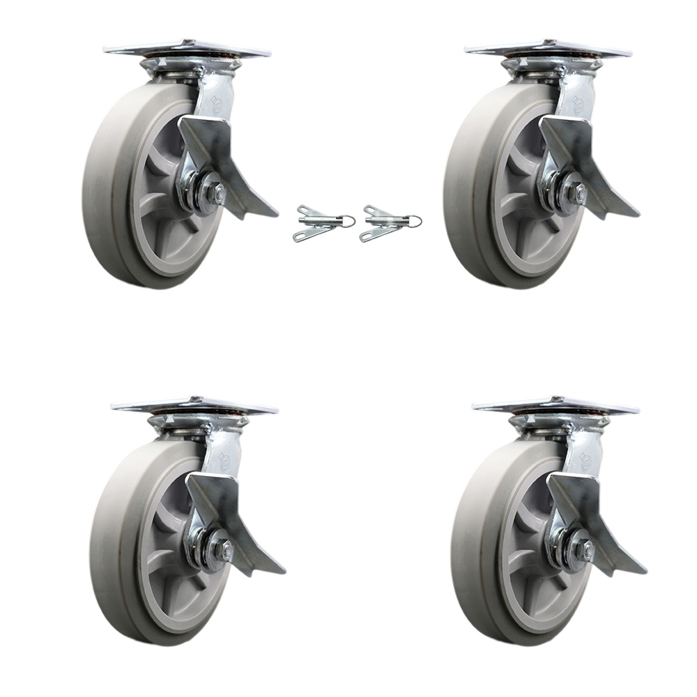 Heavy Duty Large Top Plate Thermo Rubber Flat Tread Swivel Caster with Maintenance Free Bearings with 8 x 2 in. Gray Wheels - Set of 4