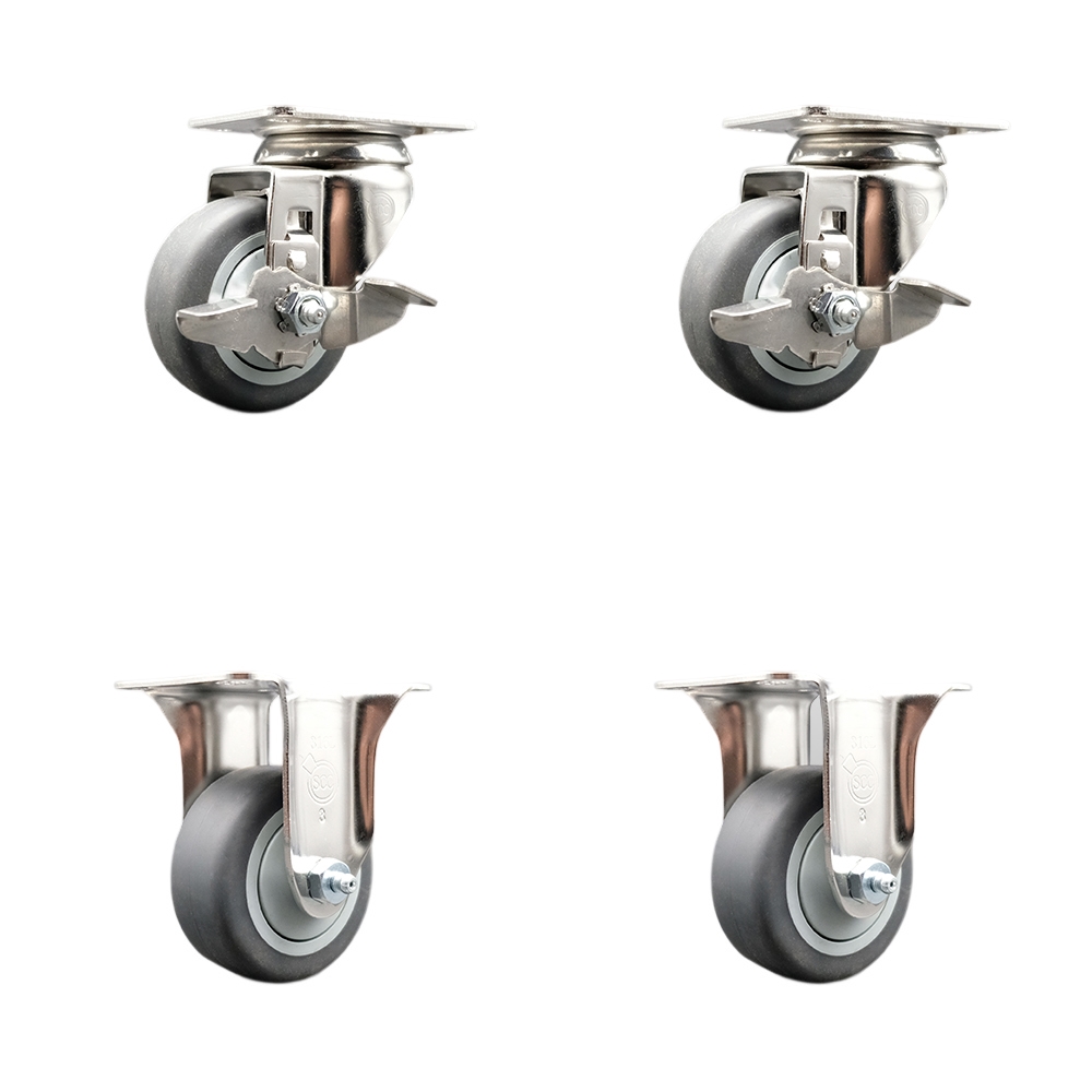 SCC-SS31620S314-TPRB-TLB-2-R-2 Thermoplastic Rubber Swivel Top Plate Caster with 3 in. Gray Caster Wheels - 316 Stainless Steel Casters - Set of 4