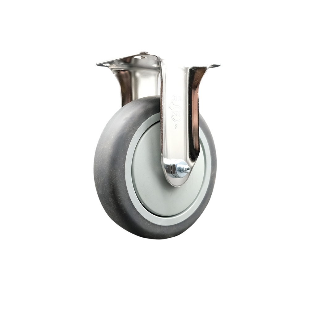 Thermoplastic Rubber Rigid Top Plate Caster with 5 in. Gray Caster Wheel - 316 Stainless Steel Caster - 300 lbs Capacity per Caster