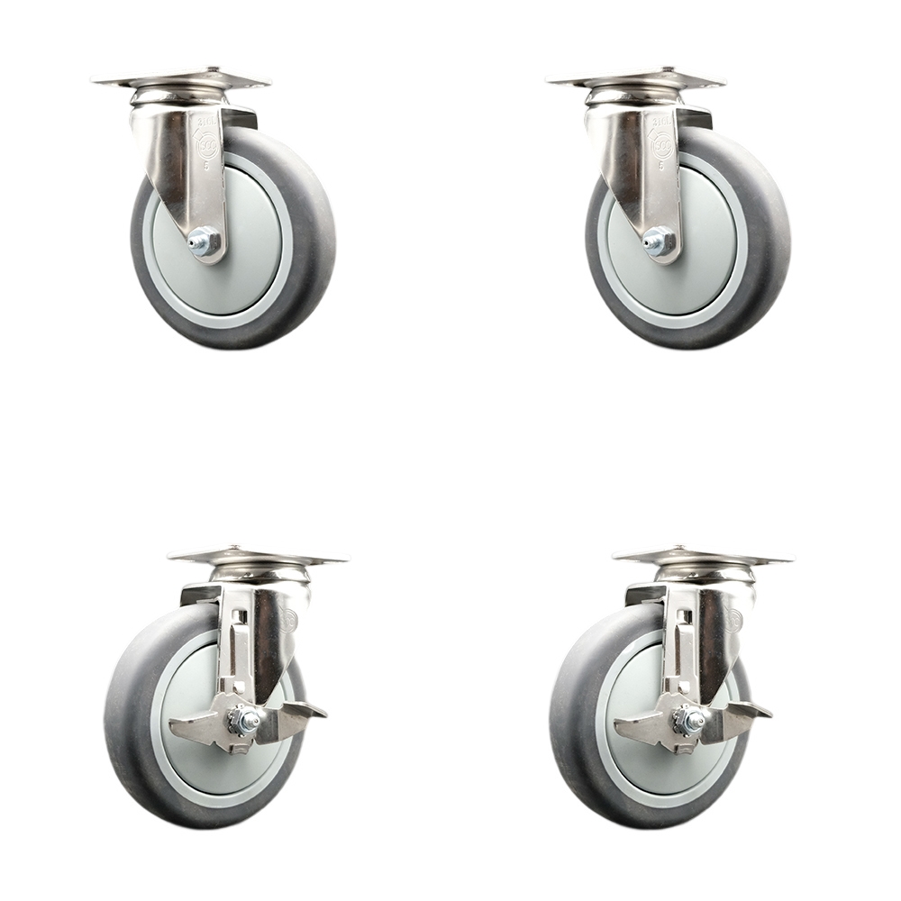 SCC-SS31620S514-TPRB-2-TLB-2 Thermoplastic Rubber Swivel Top Plate Caster with 5 in. Gray Caster Wheels - 316 Stainless Steel Casters - Set of 4