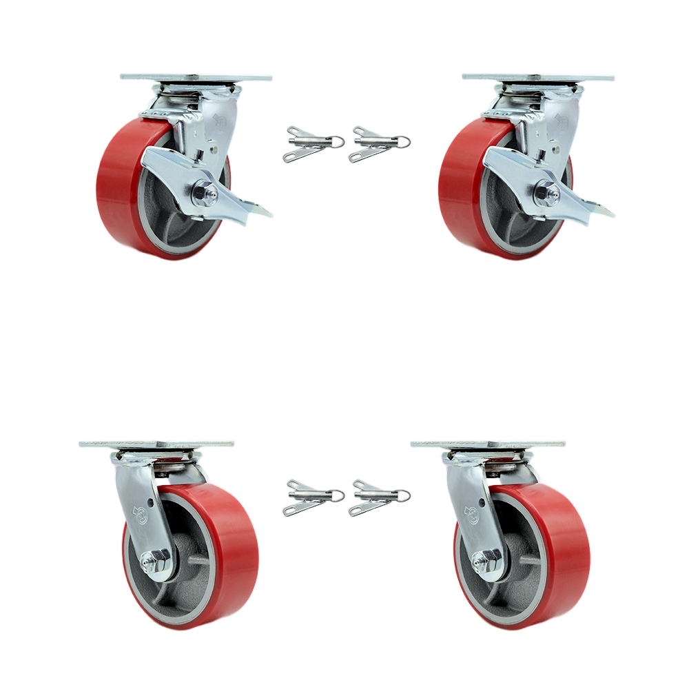 SCC-30CS520-PUR-RS-TLB-BSL-2-BSL-2 Poly on Cast Iron Swivel Top Plate Casters, Heavy Duty with 5 in. Red Wheels - Set of 4