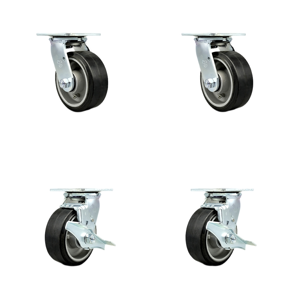 SCC-30CS520-RAR-BSL-2-TLB-2 Rubber on Aluminum Swivel Top Plate Casters, Heavy Duty with 5 in. Wheels - 2000 lbs Total Capacity - Set of 4