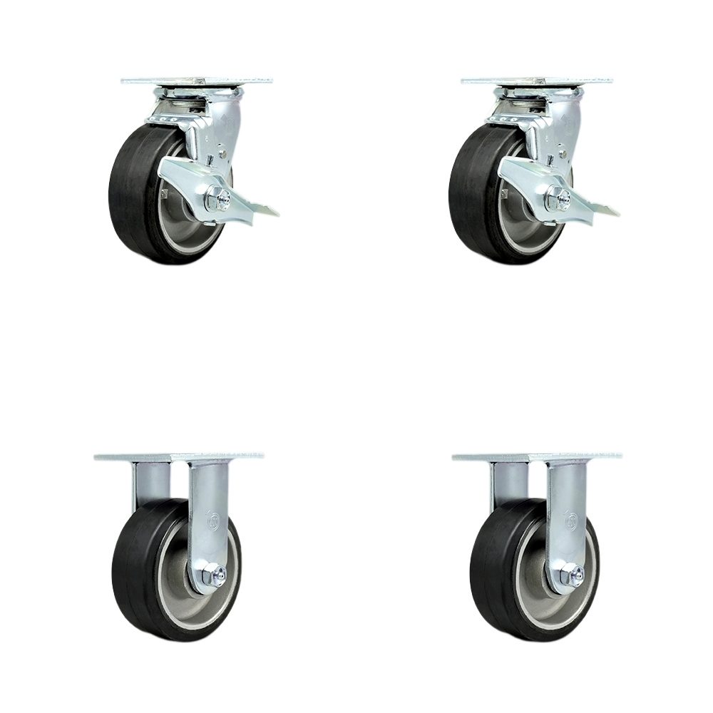 SCC-30CS520-RAR-TLB-BSL-2-R-2 Rubber on Aluminum Swivel Top Plate Casters, Heavy Duty with 5 in. Wheels - 2000 lbs Total Capacity - Set of 4
