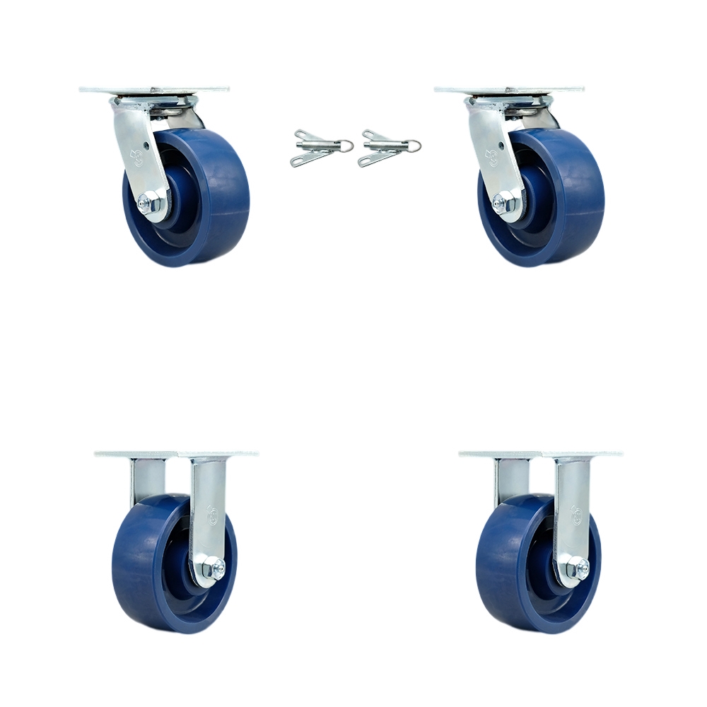 SCC-30CS520-SPUR-BSL-2-R-2 Solid Polyurethane Swivel Top Plate Casters, Heavy Duty with 5 in. Wheels - 4000 lbs Total Capacity - Set of 4