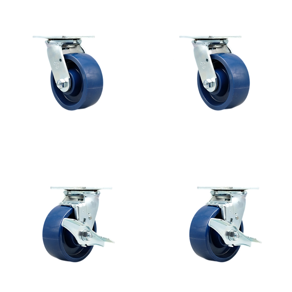 SCC-SS30S520-SPUR-BSL-2-TLB-2 Stainless Steel Solid Polyurethane Swivel Top Plate Casters, Heavy Duty with 5 in. Wheels - Set of 4