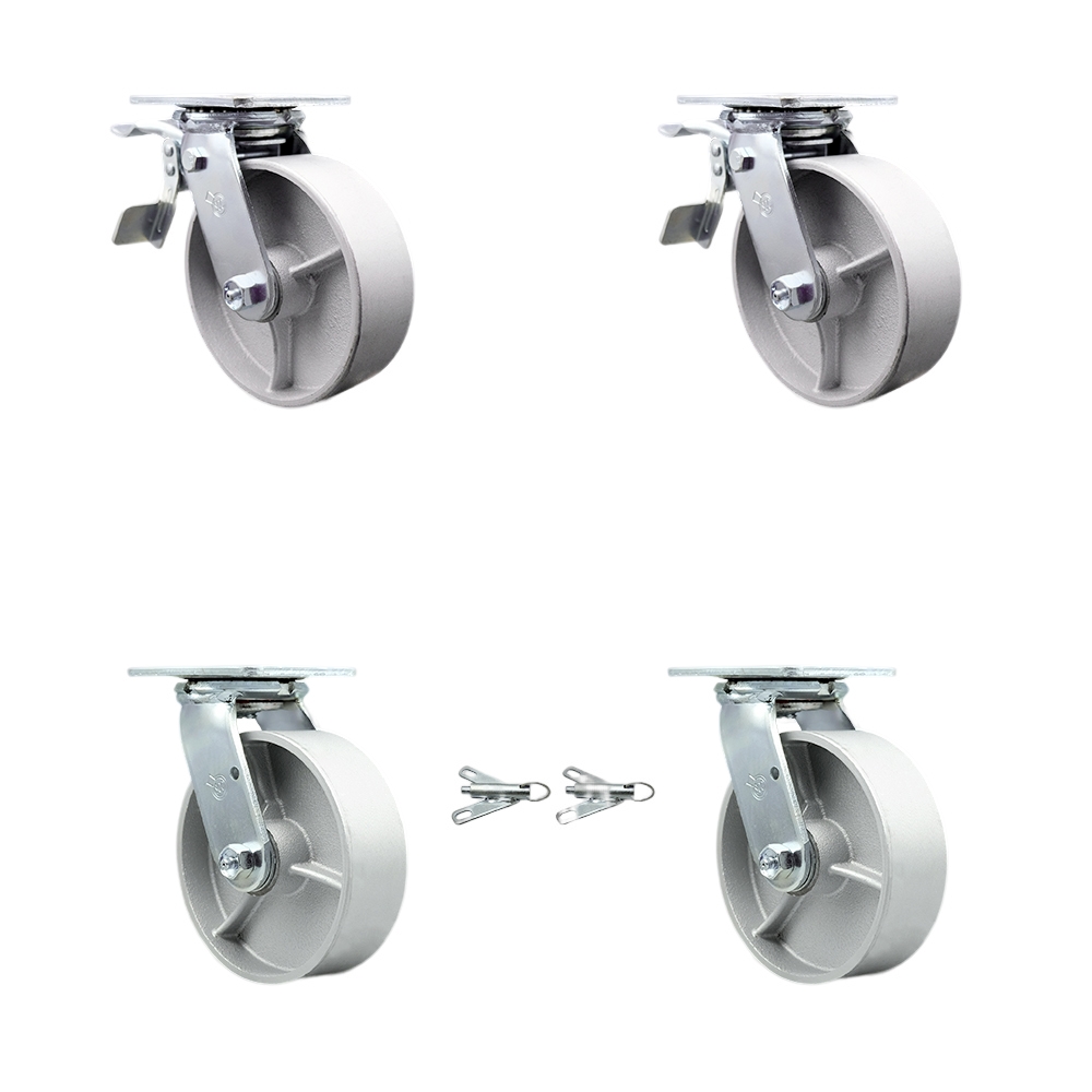 SCC-TTL30S620-SSR-2-BSL-2 Semi Steel Cast Iron Swivel Top Plate Casters, Heavy Duty with 6 in. Wheels - Set of 4