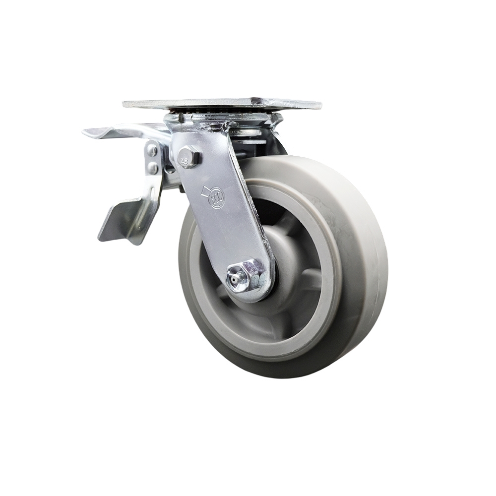 Thermoplastic Rubber Flat Tread Swivel Top Plate Heavy Duty Caster with 6 in. Wheel & Total Lock Brake - 500 lbs Capacity per Caster