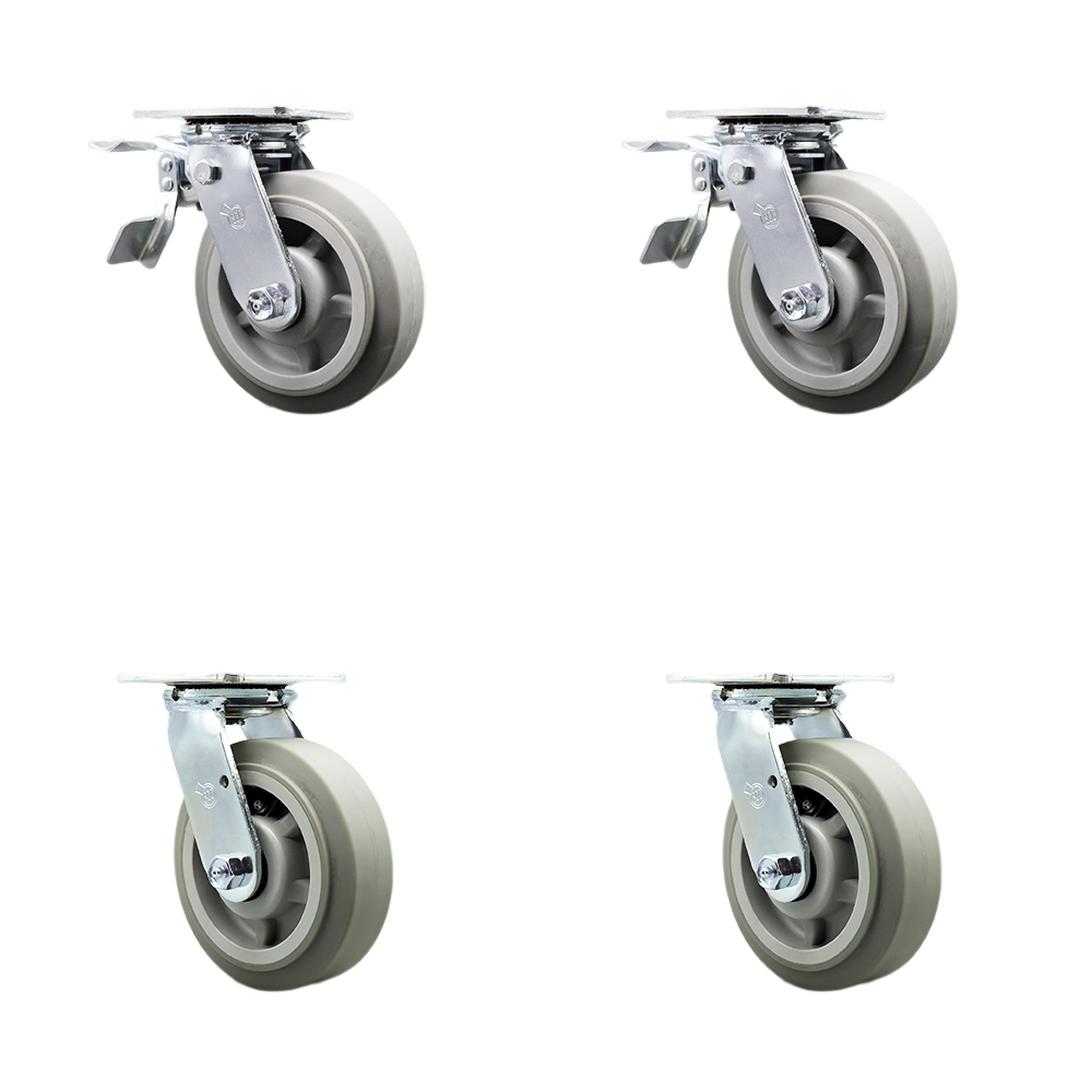 Thermoplastic Rubber Flat Tread Swivel Top Plate Casters, Heavy Duty with 6 in. Wheels - 2000 lbs Total Capacity - Set of 4