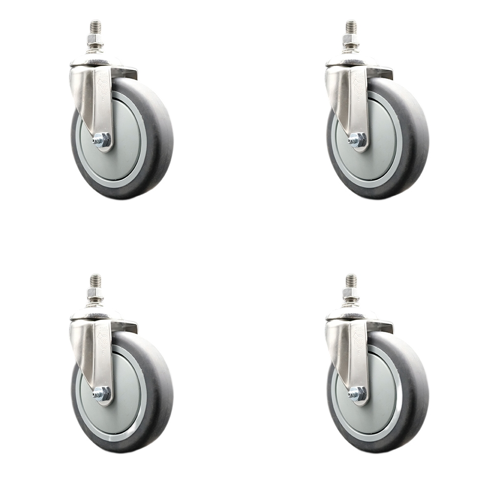 Thermoplastic Rubber Swivel Stem Caster with 5 in. Caster Wheels - 0.50 in. Threaded Stems - 316 Stainless Steel Casters - Set of 4