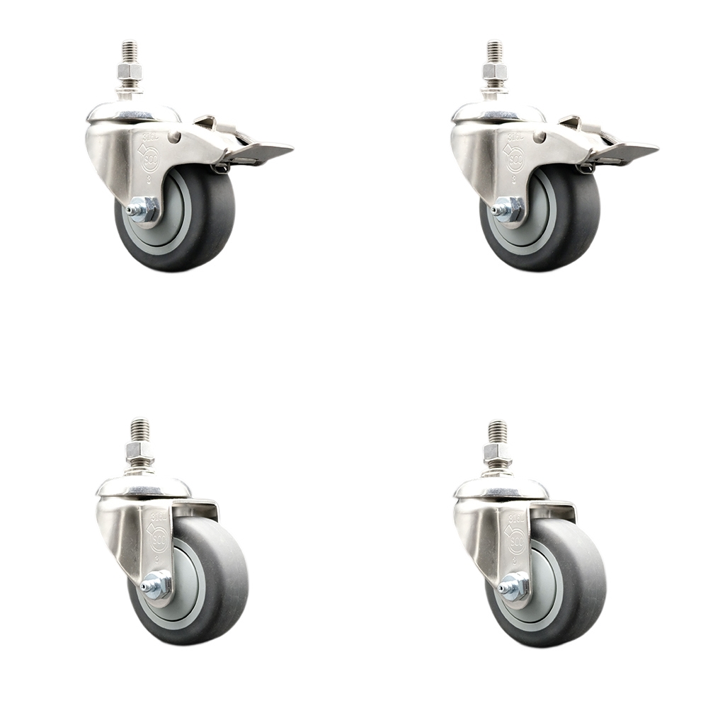 Thermoplastic Rubber Swivel Stem Caster with 3.5 in. Caster Wheels - 0.37 in. Threaded Stem - 316 Stainless Steel Caster - Set of 4