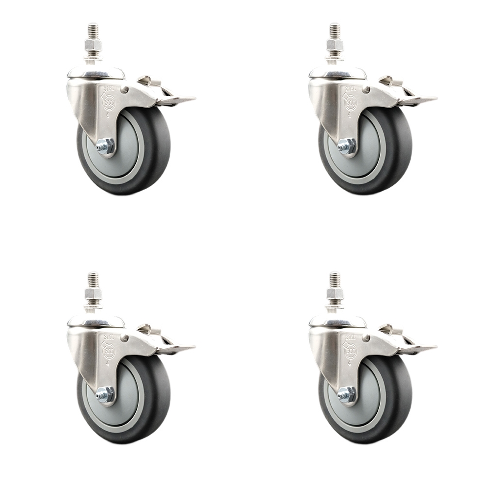 Thermoplastic Rubber Swivel Stem Caster with 4 in. Caster Wheels - 0.37 in. Threaded Stems - 316 Stainless Steel Casters - Set of 4