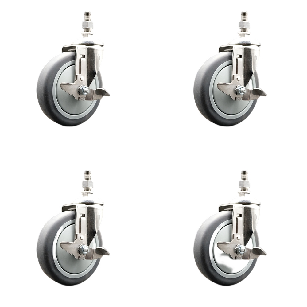 Thermoplastic Rubber Swivel Stem Caster with 5 in. Caster Wheels - 0.37 in. Threaded Stems - 316 Stainless Steel Casters - Set of 4
