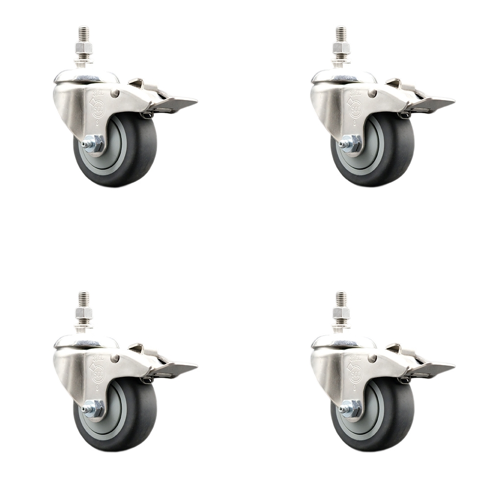 Thermoplastic Rubber Swivel Stem Caster with 3 in. Caster Wheels - 10 mm Metric Threaded Stems - 316 Stainless Steel Casters - Set of 4
