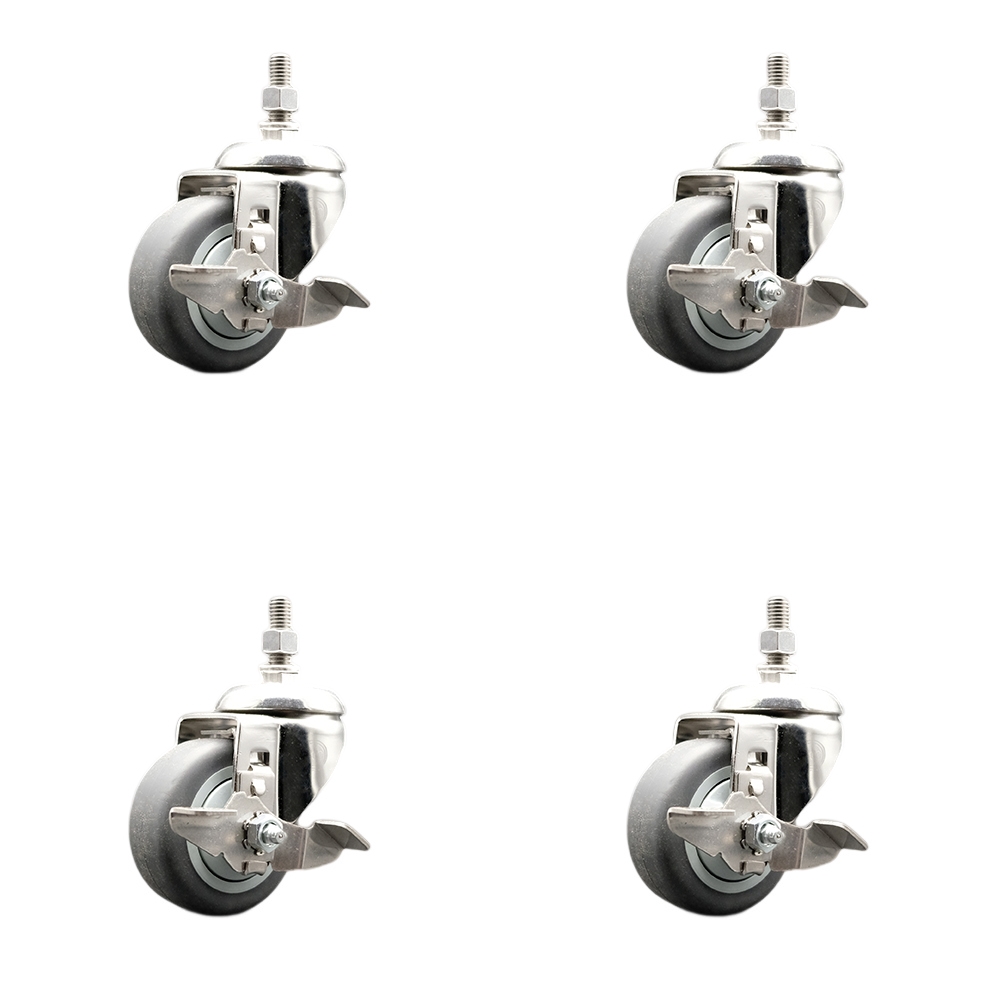 Thermoplastic Rubber Swivel Stem Caster with 3.5 in. Caster Wheels - 10 mm Metric Threaded Stems - 316 Stainless Steel Casters - Set of 4