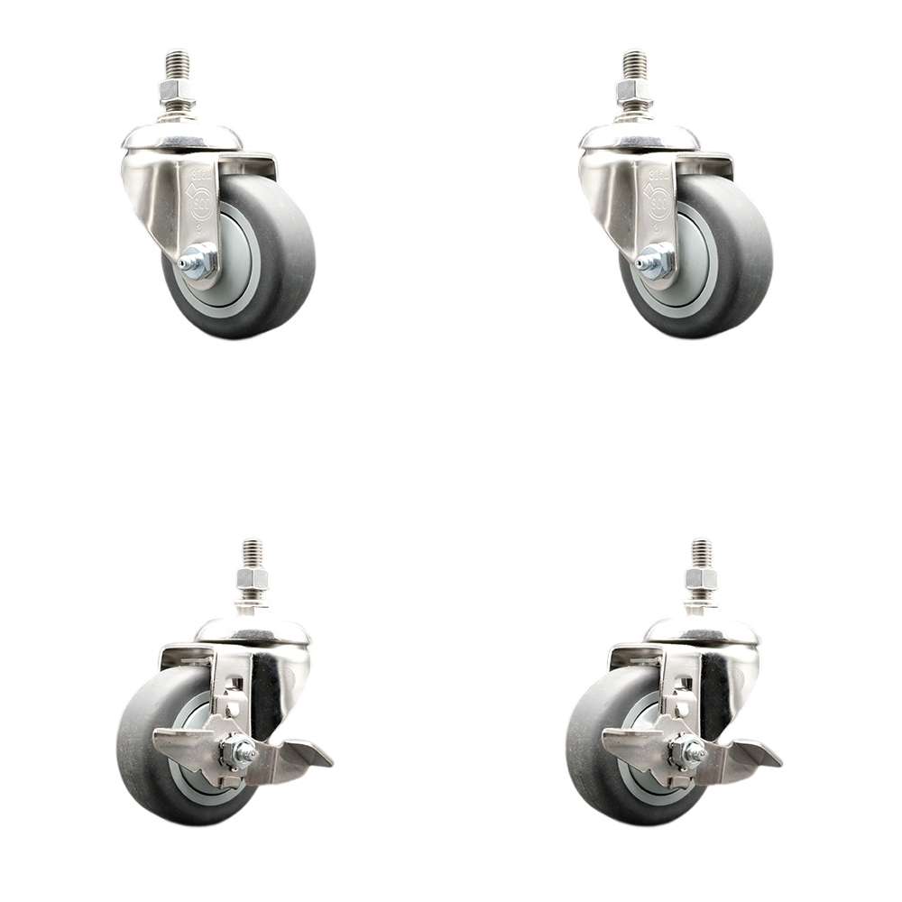 Thermoplastic Rubber Swivel Stem Caster with 3.5 in. Caster Wheels - 10 mm Threaded Stems - 316 Stainless Steel Caster - Set of 4