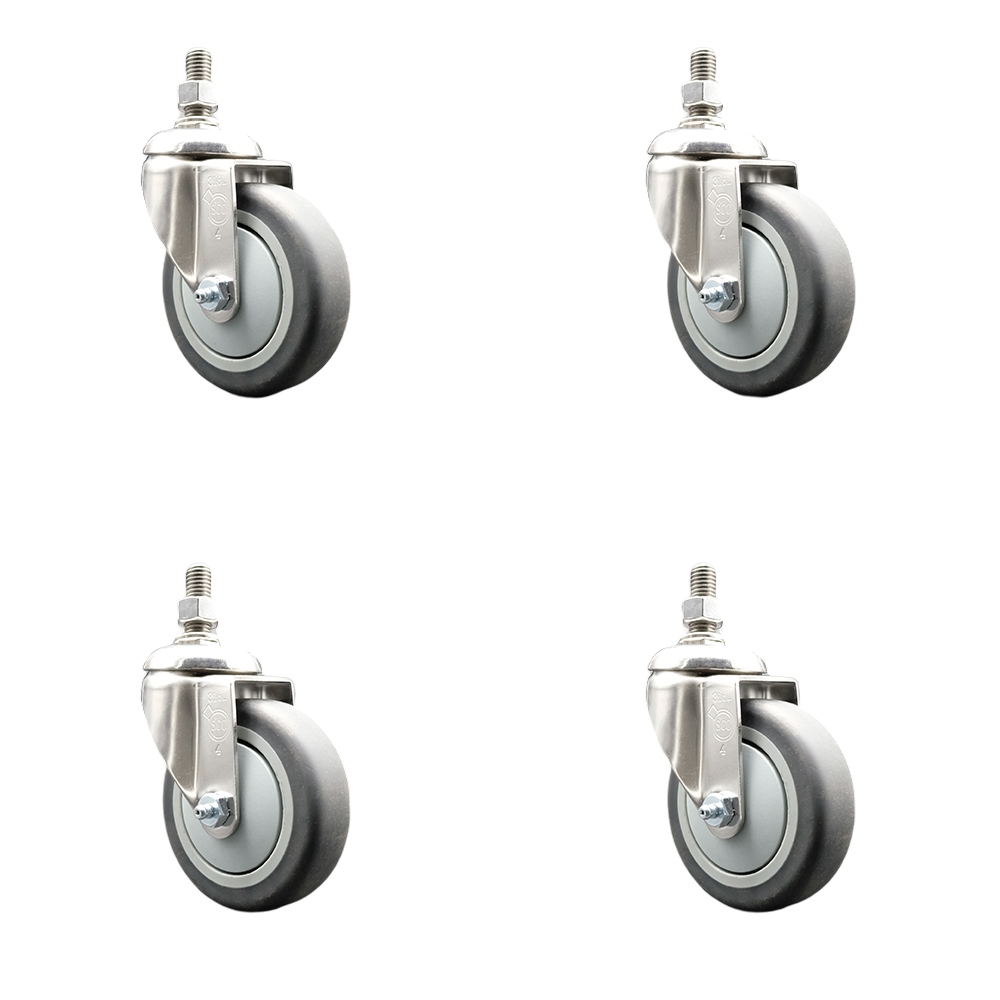 Thermoplastic Rubber Swivel Stem Caster with 4 in. Caster Wheels - 10 mm Metric Threaded Stems - 316 Stainless Steel Casters - Set of 4